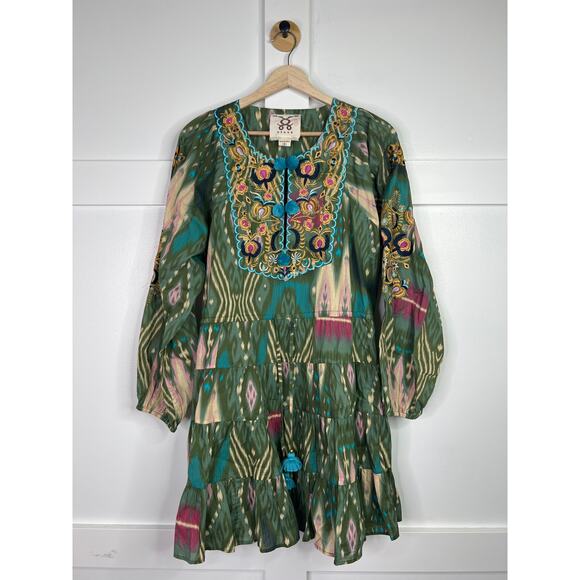 NEW Figue Josie Embroidered Short Bohemian Pom Pom Long Sleeve Green Mini Dress - Picture 3 of 10